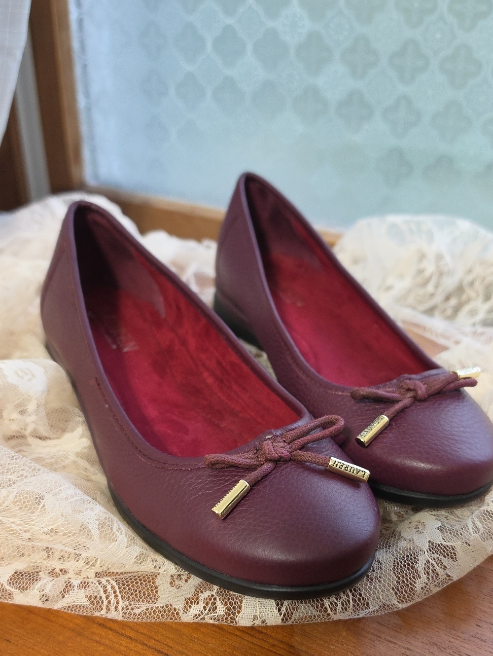 Ralph Lauren Women's Burgundy Leather Ballet Flats with Bow